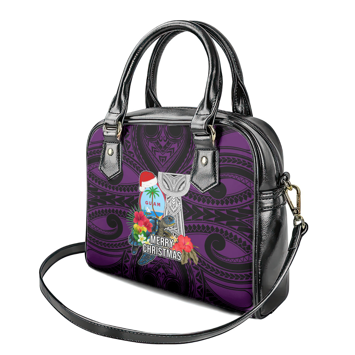 Guam Christmas Shoulder Handbag Santa Gift Latte Stone and Sea Turle Mix Hibiscus Chamorro Pink Style LT03