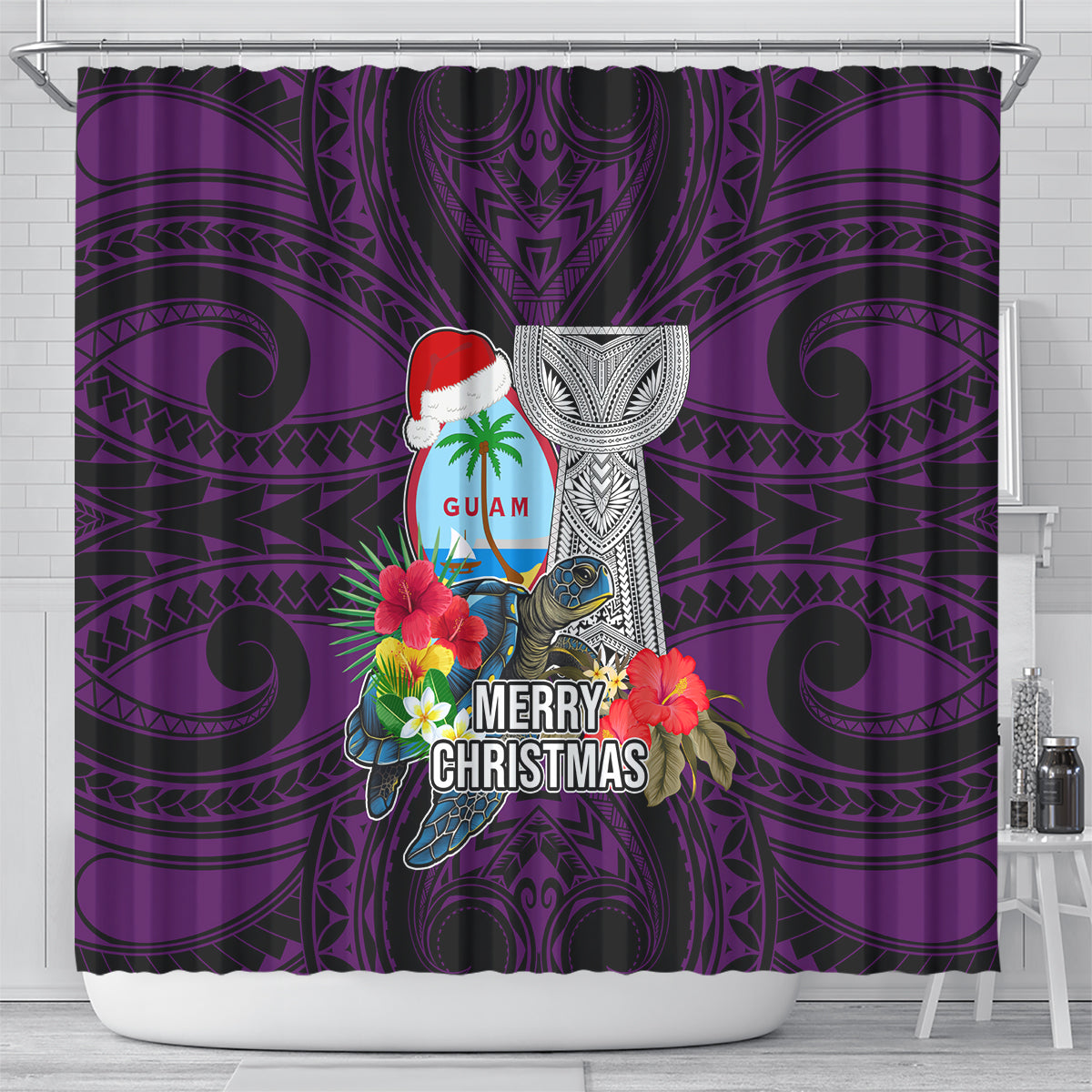 Guam Christmas Shower Curtain Santa Gift Latte Stone and Sea Turle Mix Hibiscus Chamorro Pink Style LT03 - Polynesian Pride