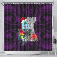 Guam Christmas Shower Curtain Santa Gift Latte Stone and Sea Turle Mix Hibiscus Chamorro Pink Style LT03 - Polynesian Pride