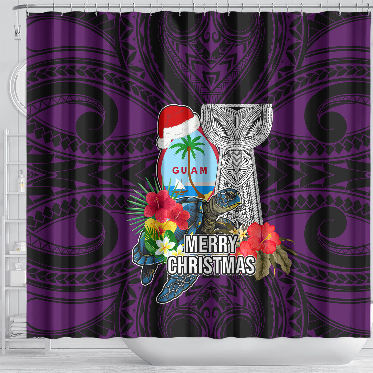Guam Christmas Shower Curtain Santa Gift Latte Stone and Sea Turle Mix Hibiscus Chamorro Pink Style LT03 - Polynesian Pride
