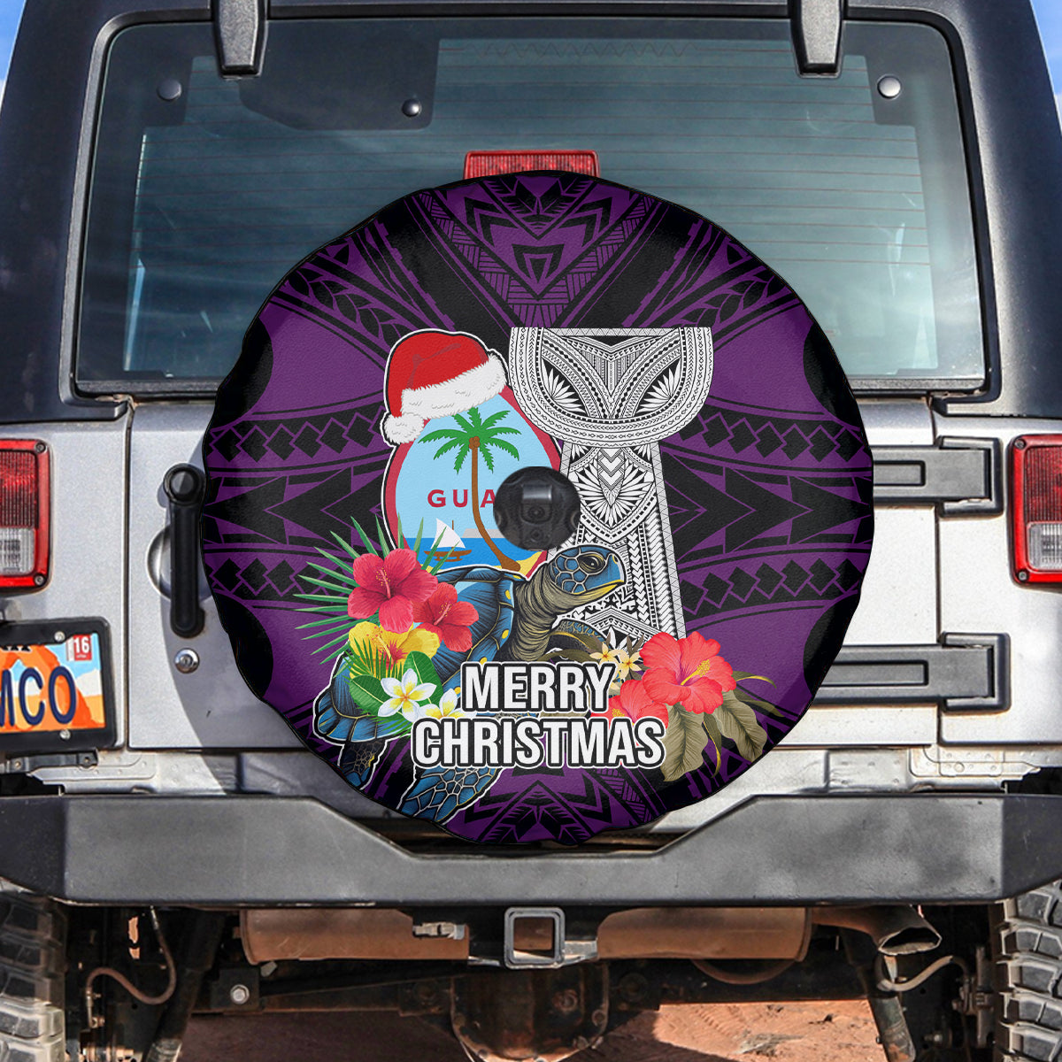 Guam Christmas Spare Tire Cover Santa Gift Latte Stone and Sea Turle Mix Hibiscus Chamorro Pink Style LT03 Pink - Polynesian Pride