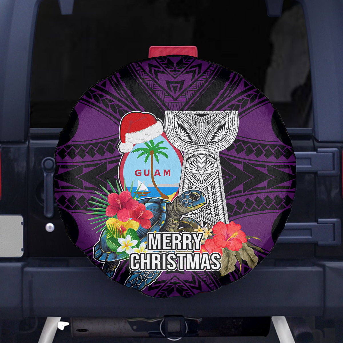 Guam Christmas Spare Tire Cover Santa Gift Latte Stone and Sea Turle Mix Hibiscus Chamorro Pink Style LT03 - Polynesian Pride