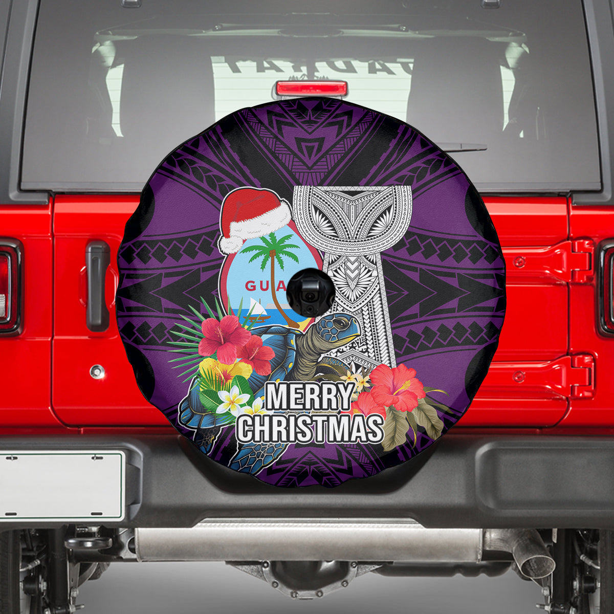 Guam Christmas Spare Tire Cover Santa Gift Latte Stone and Sea Turle Mix Hibiscus Chamorro Pink Style LT03 - Polynesian Pride