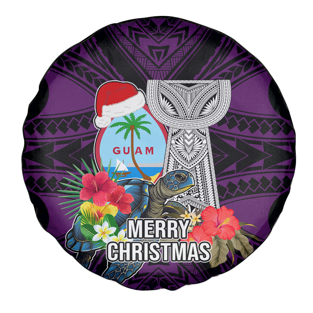 Guam Christmas Spare Tire Cover Santa Gift Latte Stone and Sea Turle Mix Hibiscus Chamorro Pink Style LT03 - Polynesian Pride