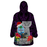 Guam Christmas Wearable Blanket Hoodie Santa Gift Latte Stone and Sea Turle Mix Hibiscus Chamorro Pink Style LT03 - Polynesian Pride