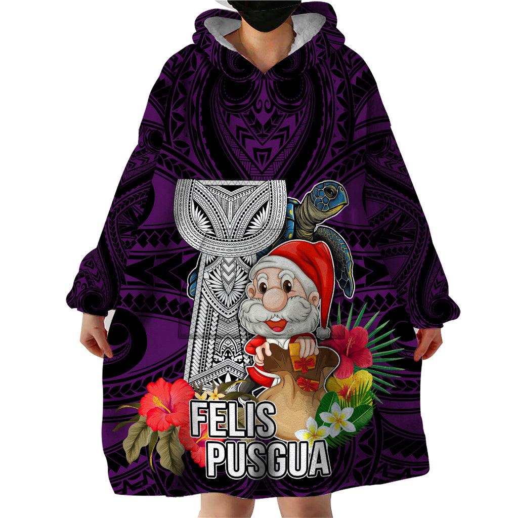 Guam Christmas Wearable Blanket Hoodie Santa Gift Latte Stone and Sea Turle Mix Hibiscus Chamorro Pink Style LT03 - Polynesian Pride