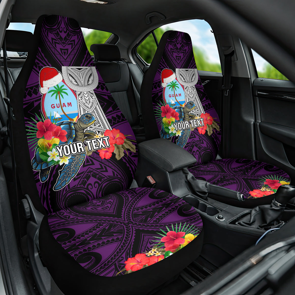Custom Guam Christmas Car Seat Cover Santa Gift Latte Stone and Sea Turle Mix Hibiscus Chamorro Pink Style LT03 One Size Pink - Polynesian Pride