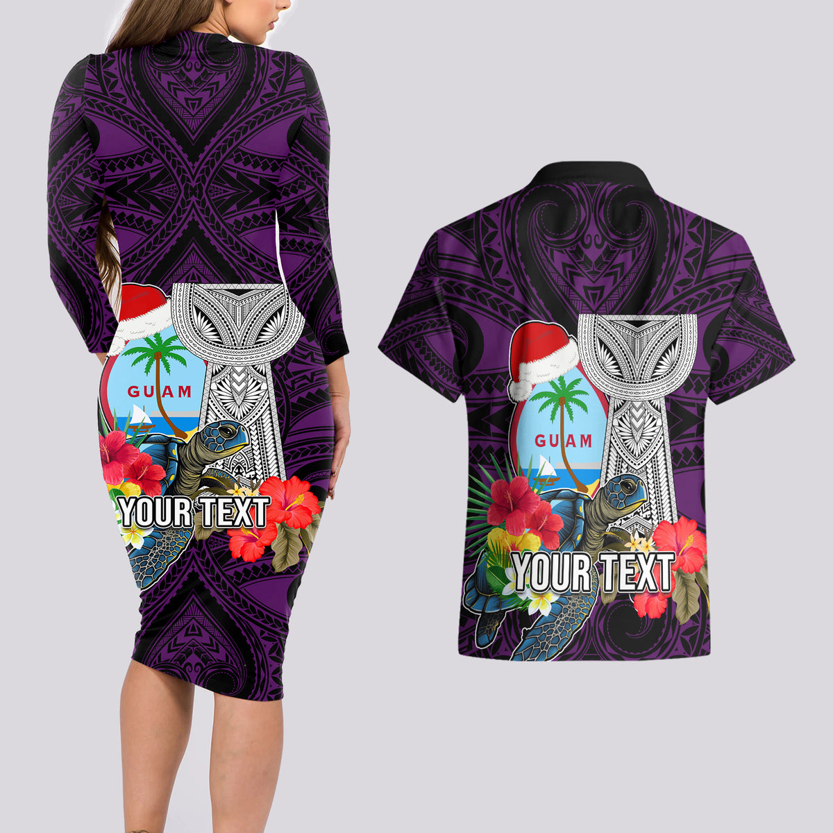 Custom Guam Christmas Couples Matching Long Sleeve Bodycon Dress and Hawaiian Shirt Santa Gift Latte Stone and Sea Turle Mix Hibiscus Chamorro Pink Style LT03 - Polynesian Pride