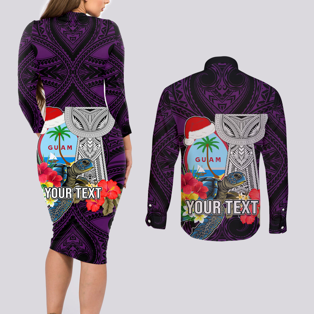 Custom Guam Christmas Couples Matching Long Sleeve Bodycon Dress and Long Sleeve Button Shirt Santa Gift Latte Stone and Sea Turle Mix Hibiscus Chamorro Pink Style LT03 - Polynesian Pride