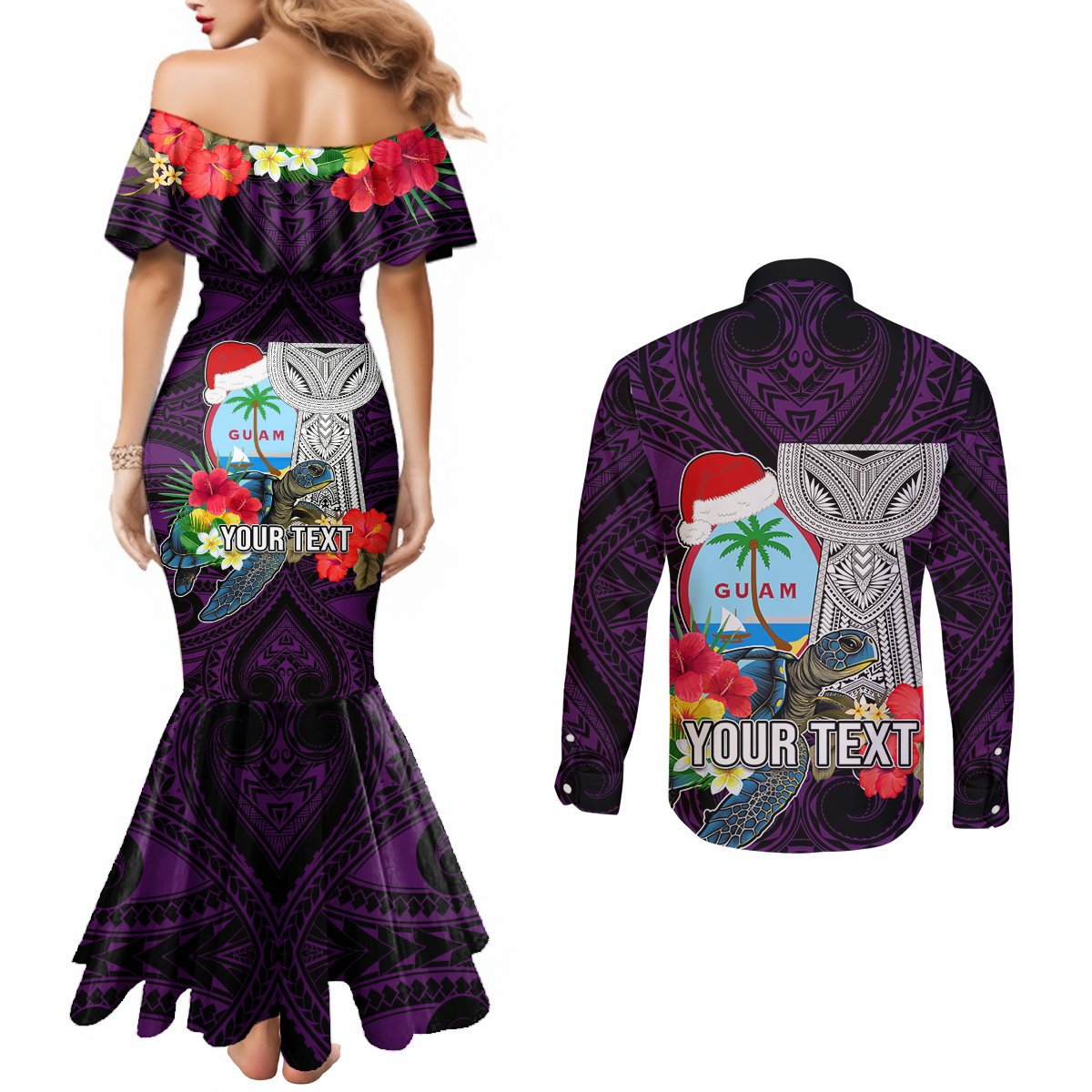 Custom Guam Christmas Couples Matching Mermaid Dress and Long Sleeve Button Shirt Santa Gift Latte Stone and Sea Turle Mix Hibiscus Chamorro Pink Style LT03 - Polynesian Pride