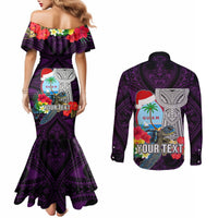 Custom Guam Christmas Couples Matching Mermaid Dress and Long Sleeve Button Shirt Santa Gift Latte Stone and Sea Turle Mix Hibiscus Chamorro Pink Style LT03 - Polynesian Pride