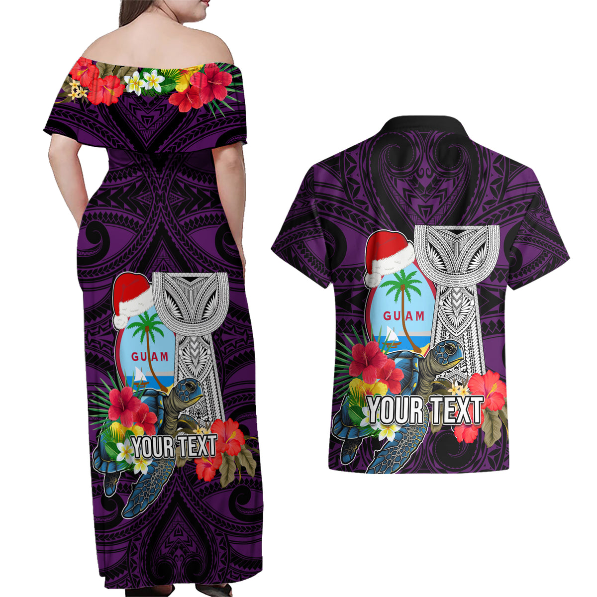 Custom Guam Christmas Couples Matching Off Shoulder Maxi Dress and Hawaiian Shirt Santa Gift Latte Stone and Sea Turle Mix Hibiscus Chamorro Pink Style LT03 - Polynesian Pride