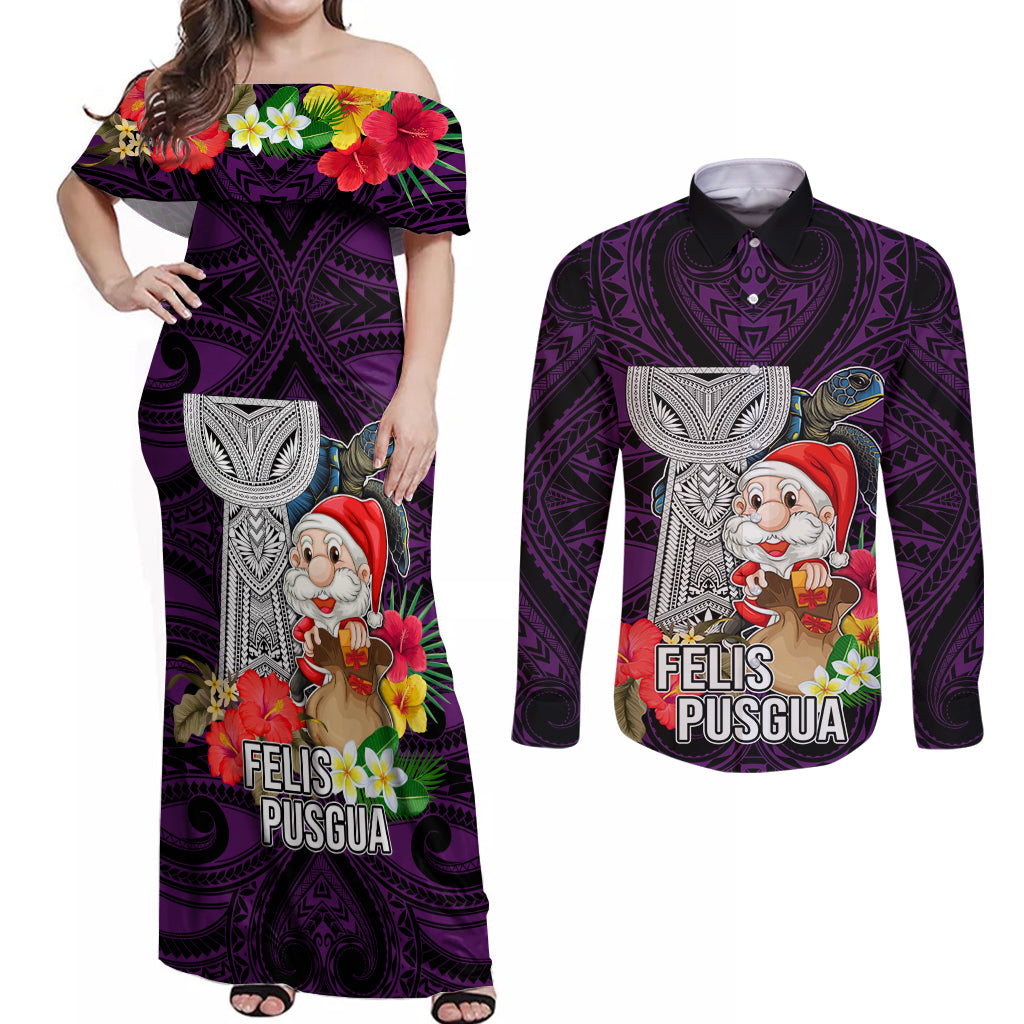Custom Guam Christmas Couples Matching Off Shoulder Maxi Dress and Long Sleeve Button Shirt Santa Gift Latte Stone and Sea Turle Mix Hibiscus Chamorro Pink Style LT03 Pink - Polynesian Pride