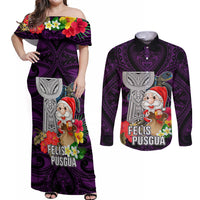 Custom Guam Christmas Couples Matching Off Shoulder Maxi Dress and Long Sleeve Button Shirt Santa Gift Latte Stone and Sea Turle Mix Hibiscus Chamorro Pink Style LT03 Pink - Polynesian Pride