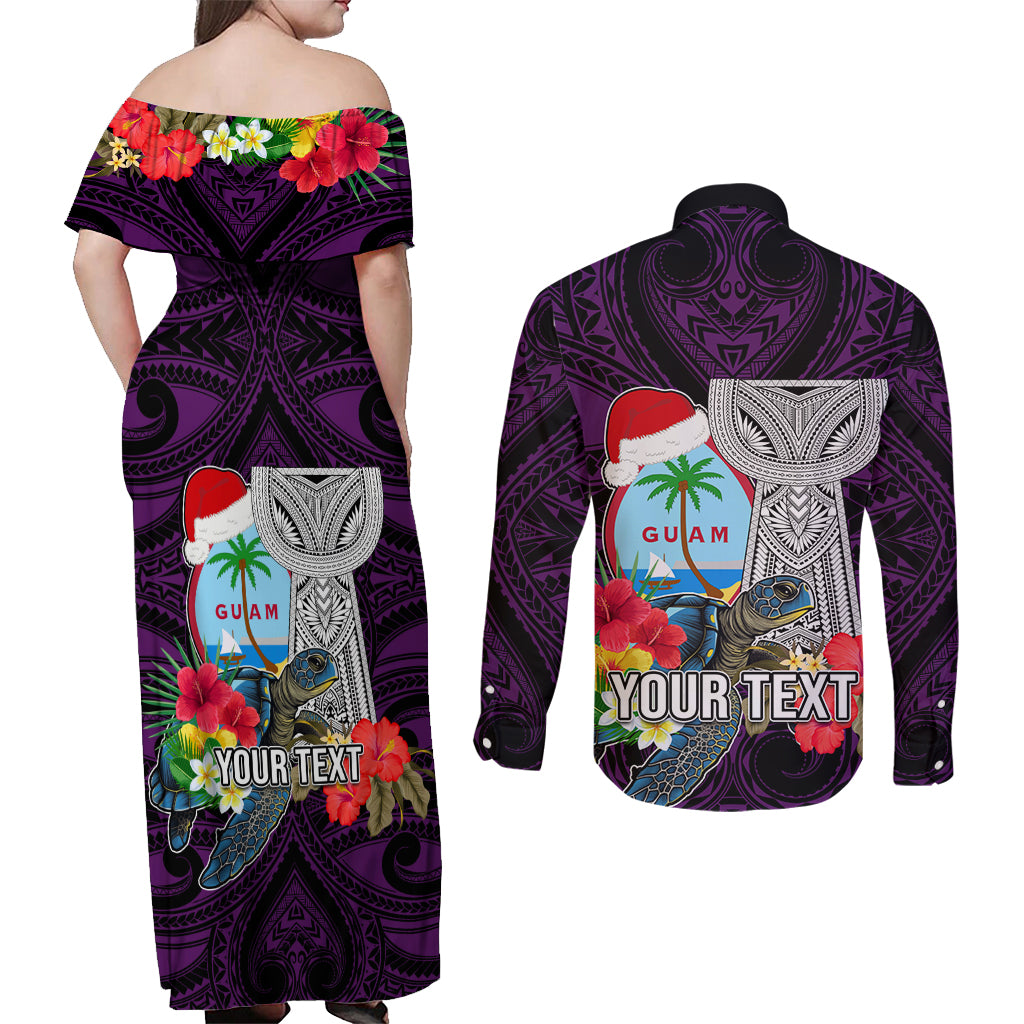 Custom Guam Christmas Couples Matching Off Shoulder Maxi Dress and Long Sleeve Button Shirt Santa Gift Latte Stone and Sea Turle Mix Hibiscus Chamorro Pink Style LT03 - Polynesian Pride