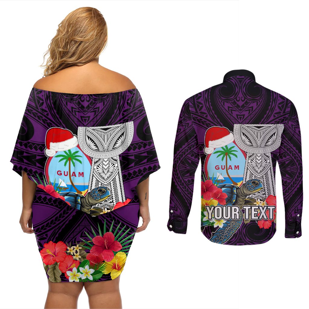 Custom Guam Christmas Couples Matching Off Shoulder Short Dress and Long Sleeve Button Shirt Santa Gift Latte Stone and Sea Turle Mix Hibiscus Chamorro Pink Style LT03 - Polynesian Pride