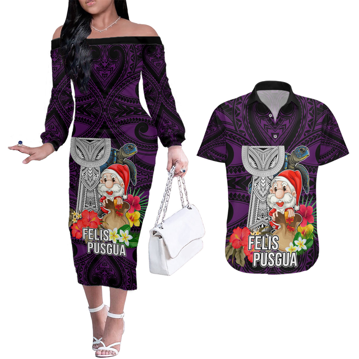 Custom Guam Christmas Couples Matching Off The Shoulder Long Sleeve Dress and Hawaiian Shirt Santa Gift Latte Stone and Sea Turle Mix Hibiscus Chamorro Pink Style LT03 Pink - Polynesian Pride
