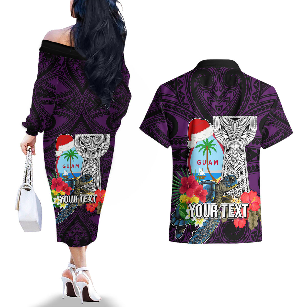Custom Guam Christmas Couples Matching Off The Shoulder Long Sleeve Dress and Hawaiian Shirt Santa Gift Latte Stone and Sea Turle Mix Hibiscus Chamorro Pink Style LT03 - Polynesian Pride