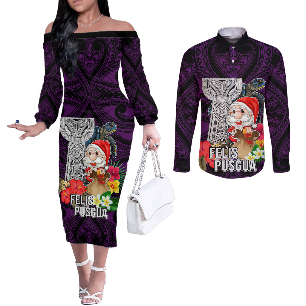 Custom Guam Christmas Couples Matching Off The Shoulder Long Sleeve Dress and Long Sleeve Button Shirt Santa Gift Latte Stone and Sea Turle Mix Hibiscus Chamorro Pink Style LT03 Pink - Polynesian Pride