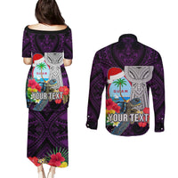 Custom Guam Christmas Couples Matching Puletasi Dress and Long Sleeve Button Shirt Santa Gift Latte Stone and Sea Turle Mix Hibiscus Chamorro Pink Style LT03 - Polynesian Pride