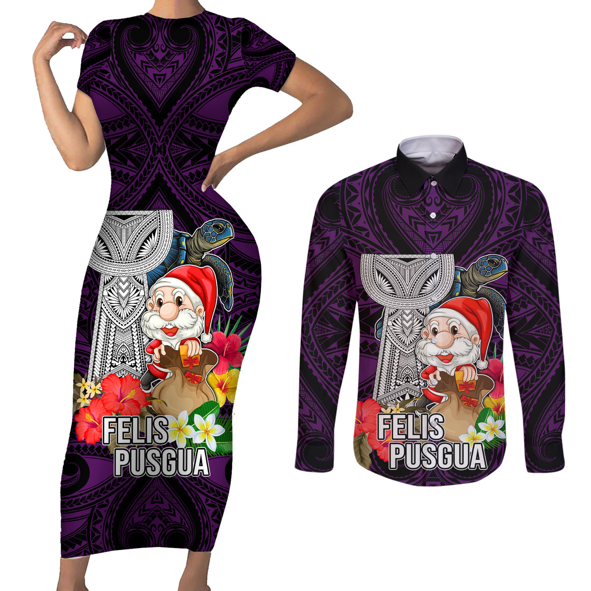 Custom Guam Christmas Couples Matching Short Sleeve Bodycon Dress and Long Sleeve Button Shirt Santa Gift Latte Stone and Sea Turle Mix Hibiscus Chamorro Pink Style LT03 Pink - Polynesian Pride