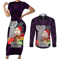 Custom Guam Christmas Couples Matching Short Sleeve Bodycon Dress and Long Sleeve Button Shirt Santa Gift Latte Stone and Sea Turle Mix Hibiscus Chamorro Pink Style LT03 Pink - Polynesian Pride