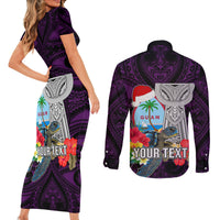 Custom Guam Christmas Couples Matching Short Sleeve Bodycon Dress and Long Sleeve Button Shirt Santa Gift Latte Stone and Sea Turle Mix Hibiscus Chamorro Pink Style LT03 - Polynesian Pride