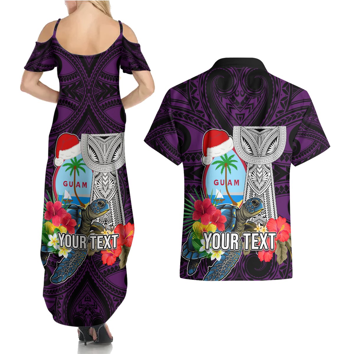 Custom Guam Christmas Couples Matching Summer Maxi Dress and Hawaiian Shirt Santa Gift Latte Stone and Sea Turle Mix Hibiscus Chamorro Pink Style LT03 - Polynesian Pride