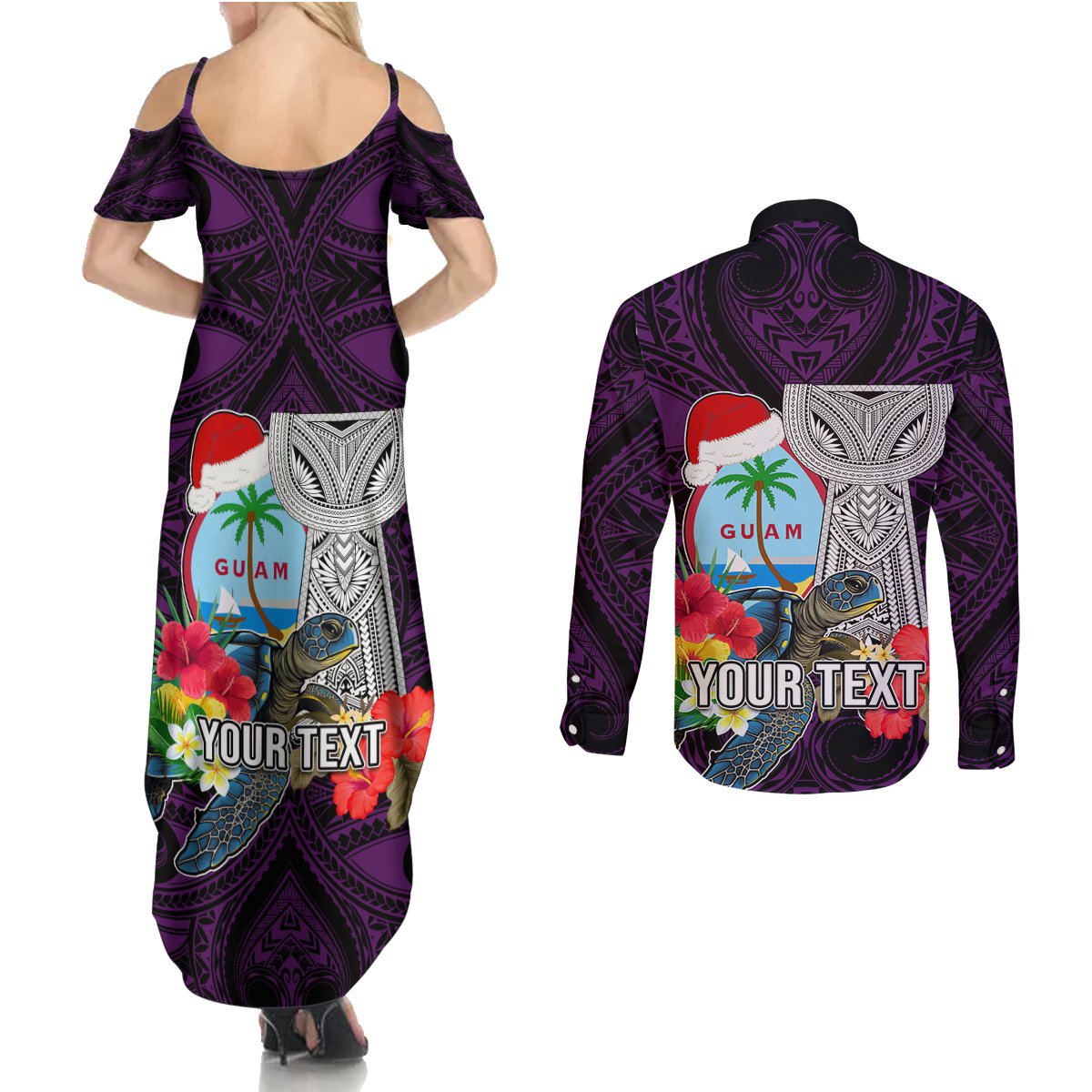 Custom Guam Christmas Couples Matching Summer Maxi Dress and Long Sleeve Button Shirt Santa Gift Latte Stone and Sea Turle Mix Hibiscus Chamorro Pink Style LT03 - Polynesian Pride