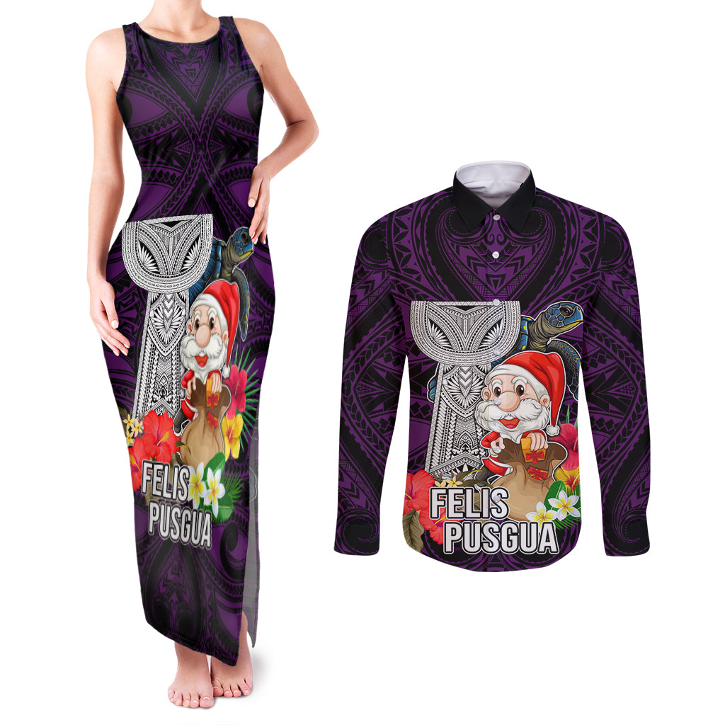 Custom Guam Christmas Couples Matching Tank Maxi Dress and Long Sleeve Button Shirt Santa Gift Latte Stone and Sea Turle Mix Hibiscus Chamorro Pink Style LT03