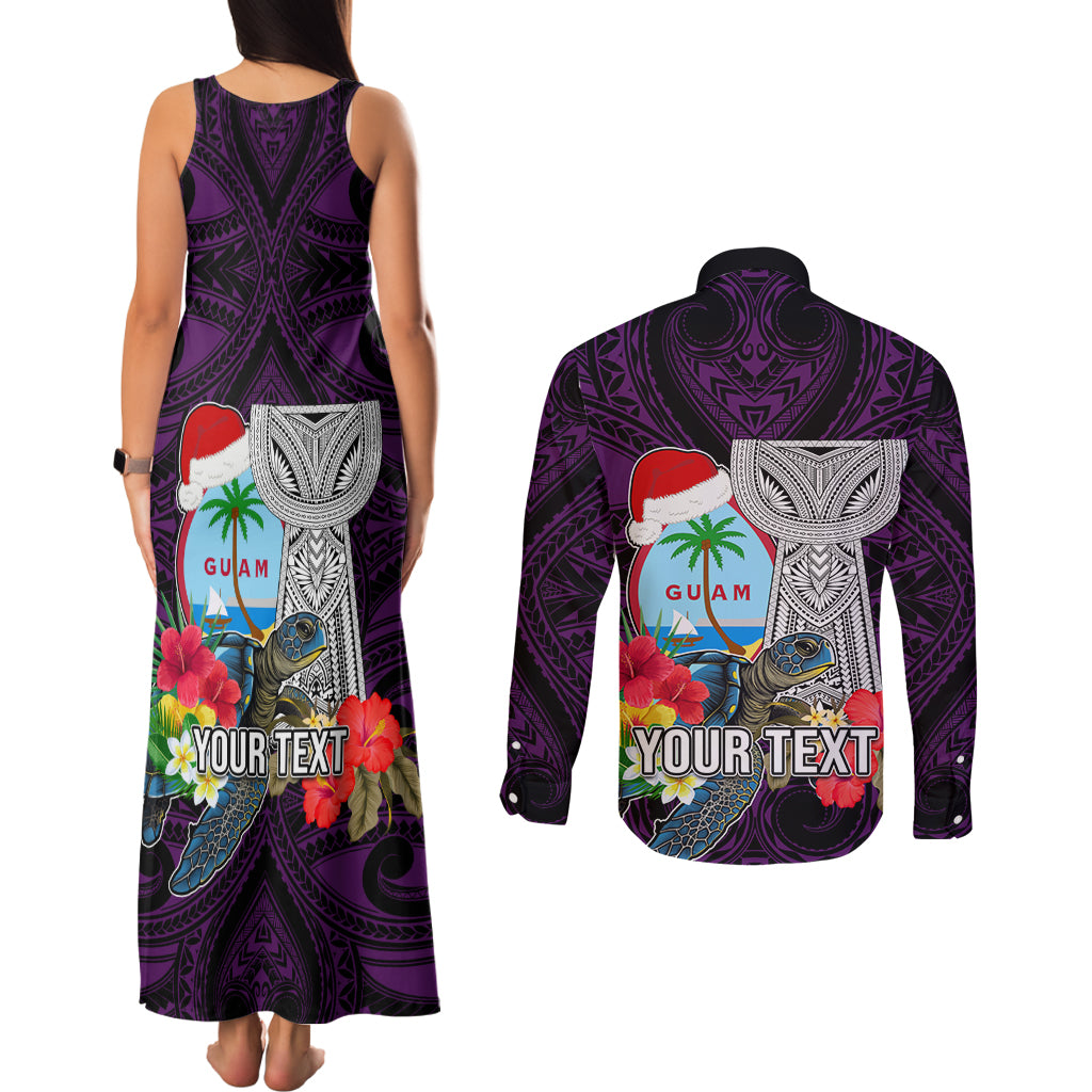 Custom Guam Christmas Couples Matching Tank Maxi Dress and Long Sleeve Button Shirt Santa Gift Latte Stone and Sea Turle Mix Hibiscus Chamorro Pink Style LT03 - Polynesian Pride