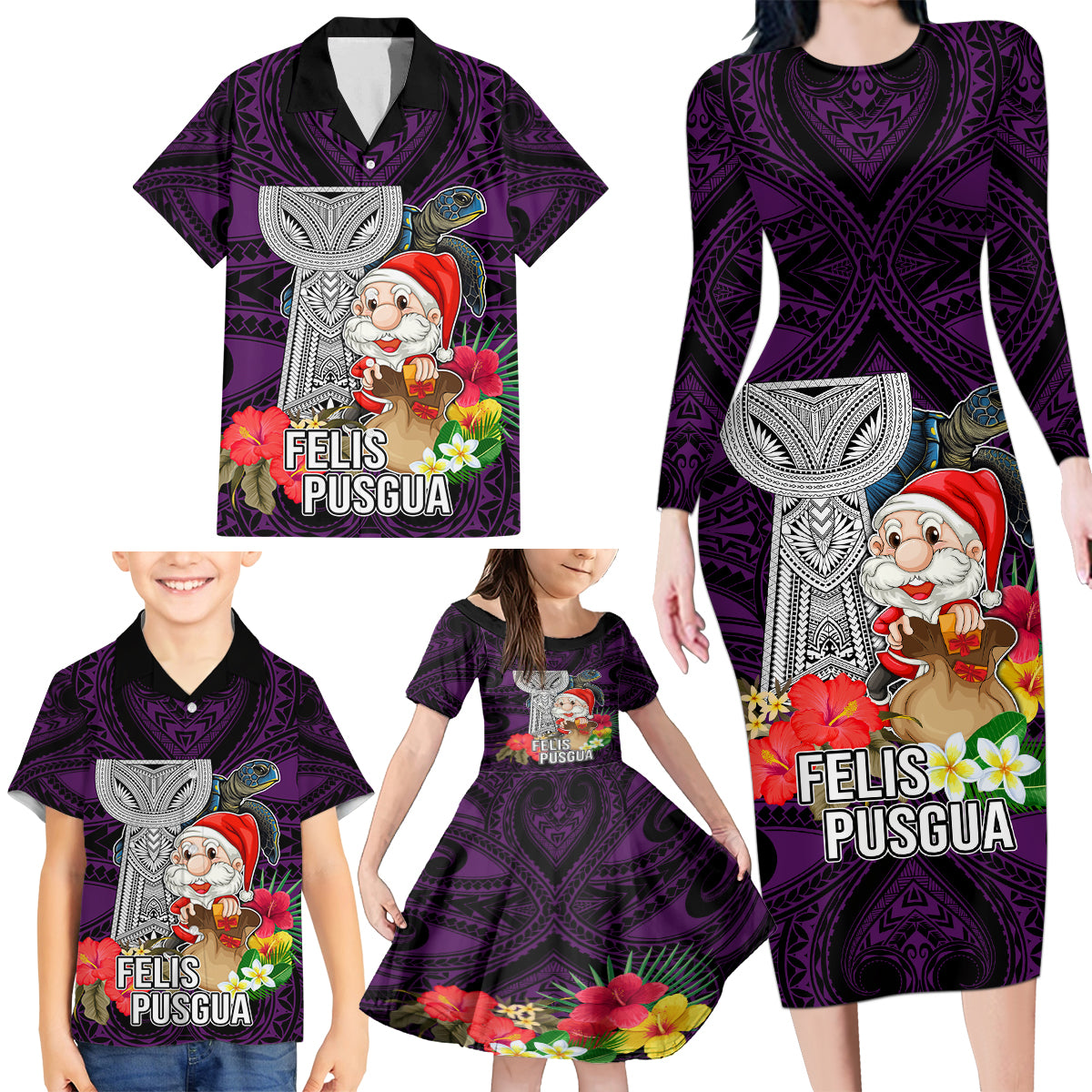 Custom Guam Christmas Family Matching Long Sleeve Bodycon Dress and Hawaiian Shirt Santa Gift Latte Stone and Sea Turle Mix Hibiscus Chamorro Pink Style LT03 - Polynesian Pride