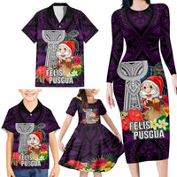 Custom Guam Christmas Family Matching Long Sleeve Bodycon Dress and Hawaiian Shirt Santa Gift Latte Stone and Sea Turle Mix Hibiscus Chamorro Pink Style LT03 - Polynesian Pride