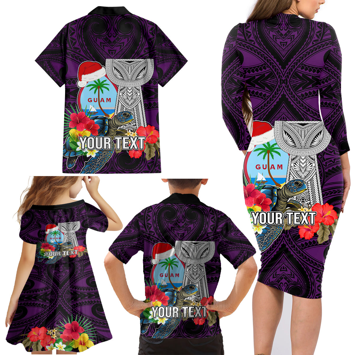 Custom Guam Christmas Family Matching Long Sleeve Bodycon Dress and Hawaiian Shirt Santa Gift Latte Stone and Sea Turle Mix Hibiscus Chamorro Pink Style LT03 - Polynesian Pride