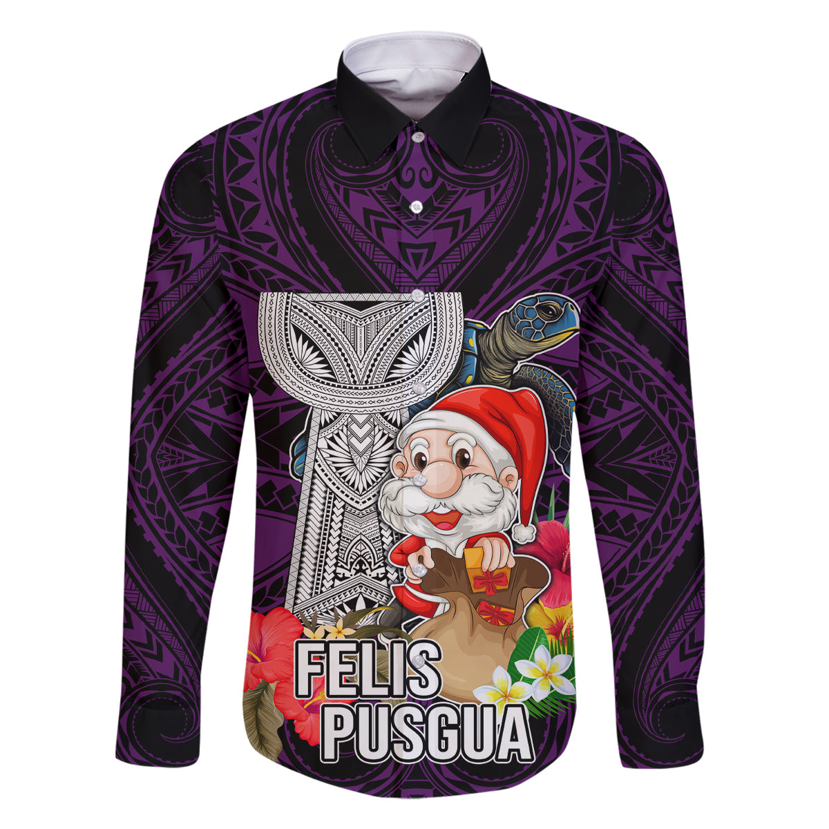 Custom Guam Christmas Family Matching Long Sleeve Bodycon Dress and Hawaiian Shirt Santa Gift Latte Stone and Sea Turle Mix Hibiscus Chamorro Pink Style LT03 Dad's Shirt - Long Sleeve Pink - Polynesian Pride