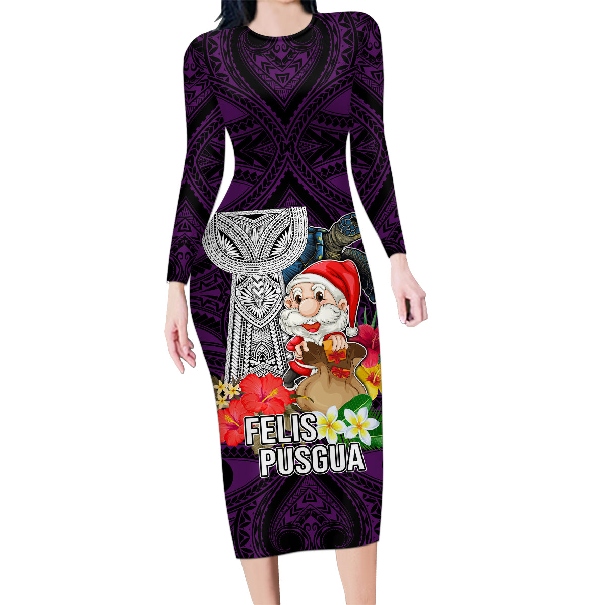 Custom Guam Christmas Family Matching Long Sleeve Bodycon Dress and Hawaiian Shirt Santa Gift Latte Stone and Sea Turle Mix Hibiscus Chamorro Pink Style LT03 Mom's Dress Pink - Polynesian Pride