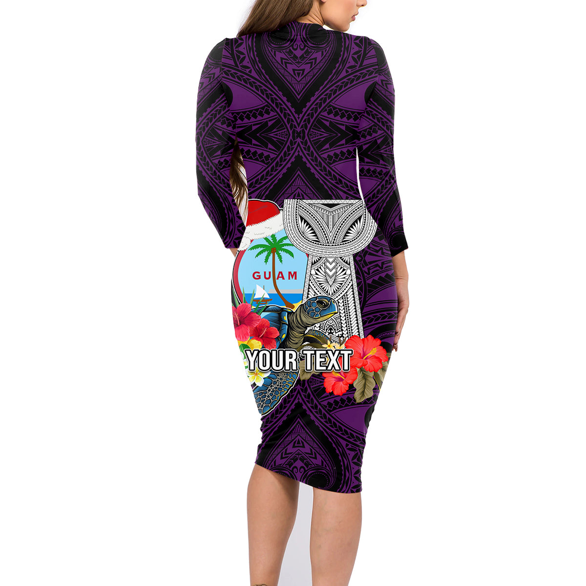 Custom Guam Christmas Family Matching Long Sleeve Bodycon Dress and Hawaiian Shirt Santa Gift Latte Stone and Sea Turle Mix Hibiscus Chamorro Pink Style LT03 - Polynesian Pride