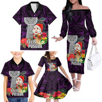 Custom Guam Christmas Family Matching Off Shoulder Long Sleeve Dress and Hawaiian Shirt Santa Gift Latte Stone and Sea Turle Mix Hibiscus Chamorro Pink Style LT03 - Polynesian Pride