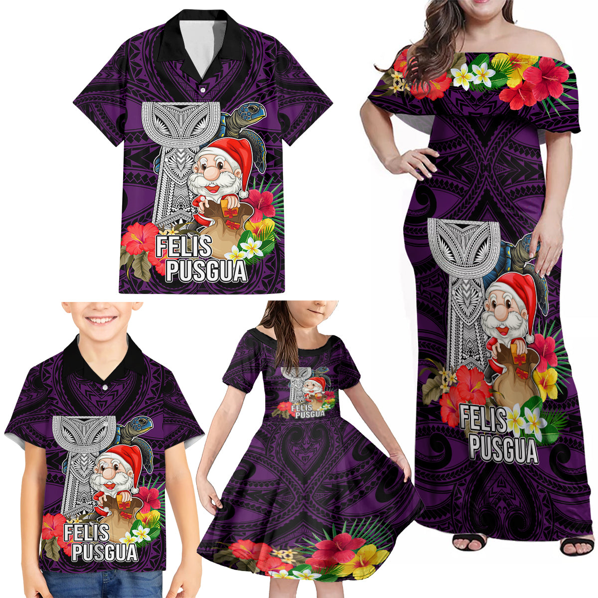 Custom Guam Christmas Family Matching Off Shoulder Maxi Dress and Hawaiian Shirt Santa Gift Latte Stone and Sea Turle Mix Hibiscus Chamorro Pink Style LT03 - Polynesian Pride