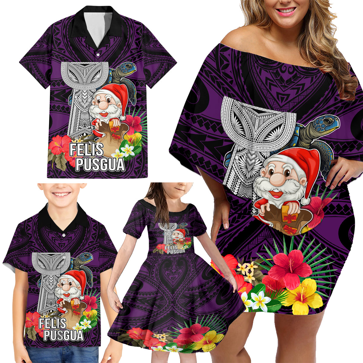 Custom Guam Christmas Family Matching Off Shoulder Short Dress and Hawaiian Shirt Santa Gift Latte Stone and Sea Turle Mix Hibiscus Chamorro Pink Style LT03 - Polynesian Pride