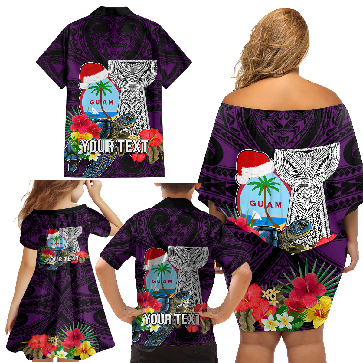 Custom Guam Christmas Family Matching Off Shoulder Short Dress and Hawaiian Shirt Santa Gift Latte Stone and Sea Turle Mix Hibiscus Chamorro Pink Style LT03 - Polynesian Pride