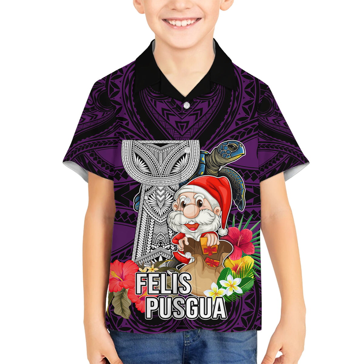 Custom Guam Christmas Family Matching Off Shoulder Short Dress and Hawaiian Shirt Santa Gift Latte Stone and Sea Turle Mix Hibiscus Chamorro Pink Style LT03 Son's Shirt Pink - Polynesian Pride