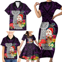 Custom Guam Christmas Family Matching Short Sleeve Bodycon Dress and Hawaiian Shirt Santa Gift Latte Stone and Sea Turle Mix Hibiscus Chamorro Pink Style LT03 - Polynesian Pride