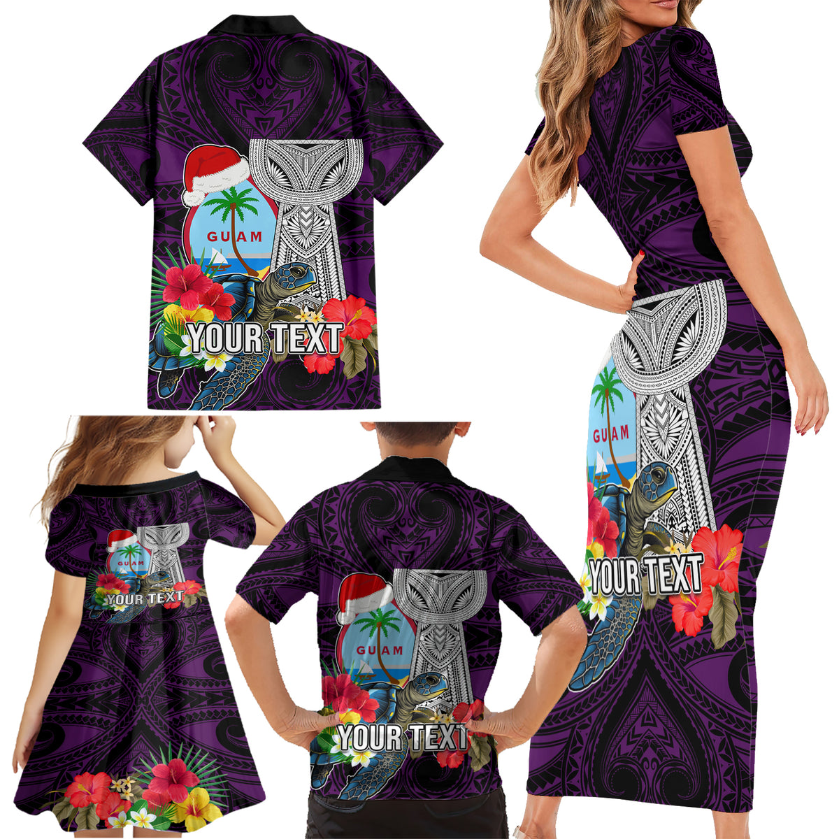 Custom Guam Christmas Family Matching Short Sleeve Bodycon Dress and Hawaiian Shirt Santa Gift Latte Stone and Sea Turle Mix Hibiscus Chamorro Pink Style LT03 - Polynesian Pride