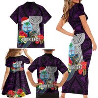 Custom Guam Christmas Family Matching Short Sleeve Bodycon Dress and Hawaiian Shirt Santa Gift Latte Stone and Sea Turle Mix Hibiscus Chamorro Pink Style LT03 - Polynesian Pride