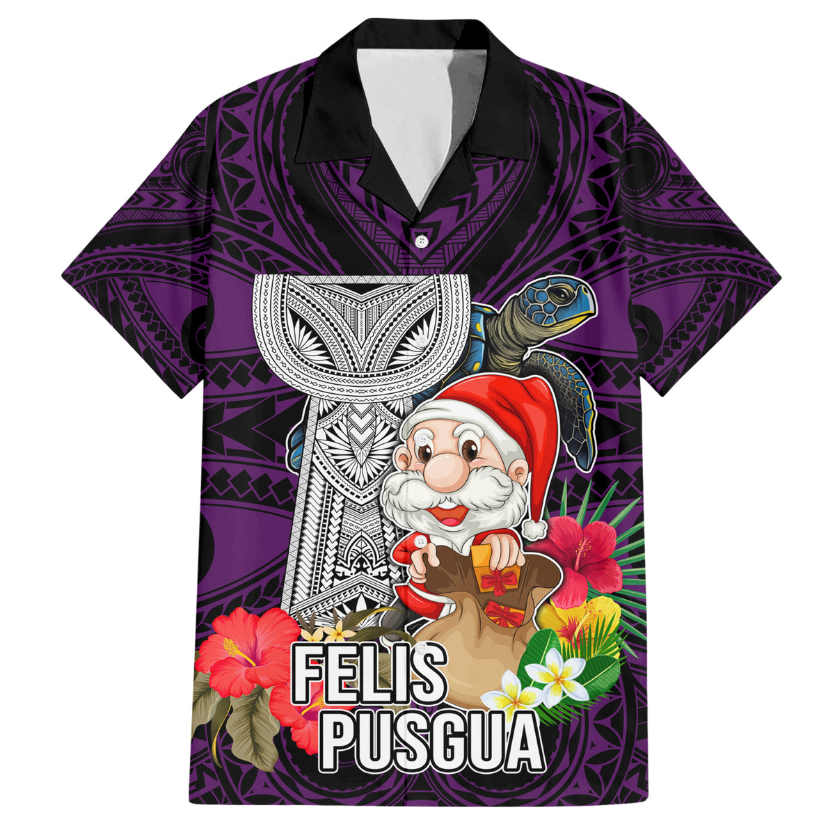 Custom Guam Christmas Family Matching Short Sleeve Bodycon Dress and Hawaiian Shirt Santa Gift Latte Stone and Sea Turle Mix Hibiscus Chamorro Pink Style LT03 Dad's Shirt - Short Sleeve Pink - Polynesian Pride