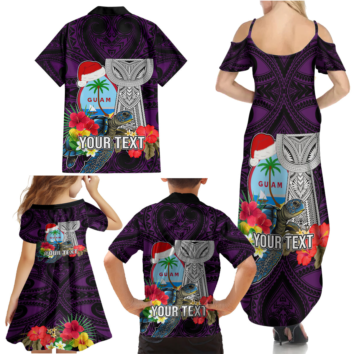 Custom Guam Christmas Family Matching Summer Maxi Dress and Hawaiian Shirt Santa Gift Latte Stone and Sea Turle Mix Hibiscus Chamorro Pink Style LT03 - Polynesian Pride