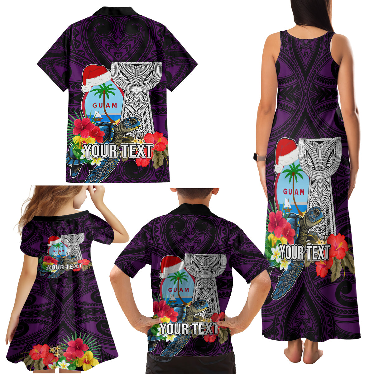 Custom Guam Christmas Family Matching Tank Maxi Dress and Hawaiian Shirt Santa Gift Latte Stone and Sea Turle Mix Hibiscus Chamorro Pink Style LT03 - Polynesian Pride