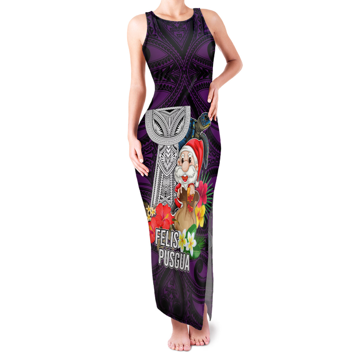 Custom Guam Christmas Family Matching Tank Maxi Dress and Hawaiian Shirt Santa Gift Latte Stone and Sea Turle Mix Hibiscus Chamorro Pink Style LT03 Mom's Dress Pink - Polynesian Pride