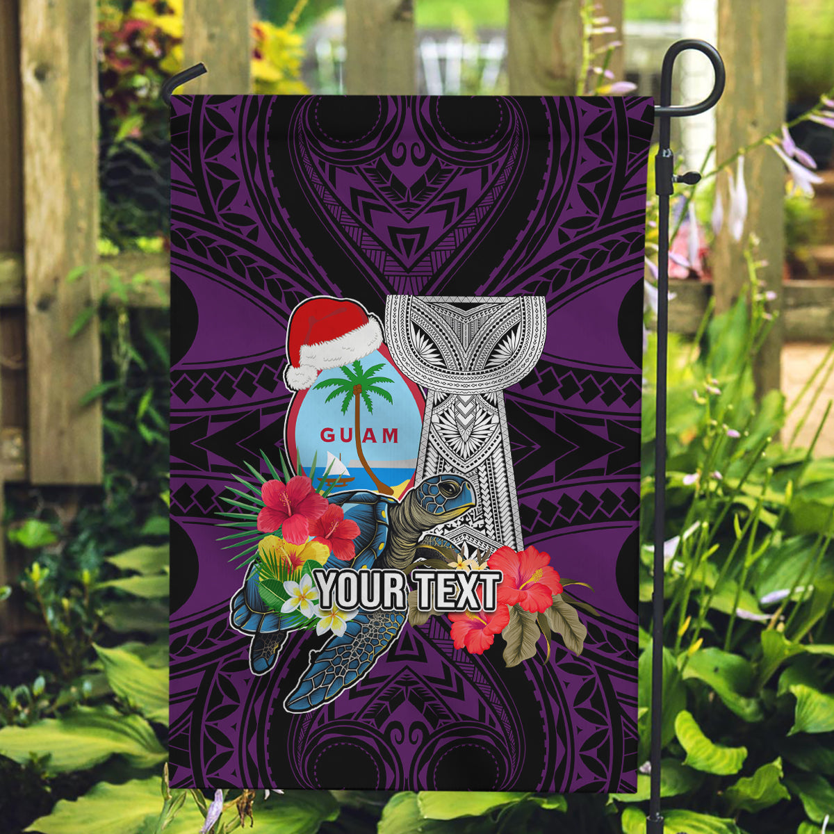 Custom Guam Christmas Garden Flag Santa Gift Latte Stone and Sea Turle Mix Hibiscus Chamorro Pink Style LT03 Garden Flag Pink - Polynesian Pride